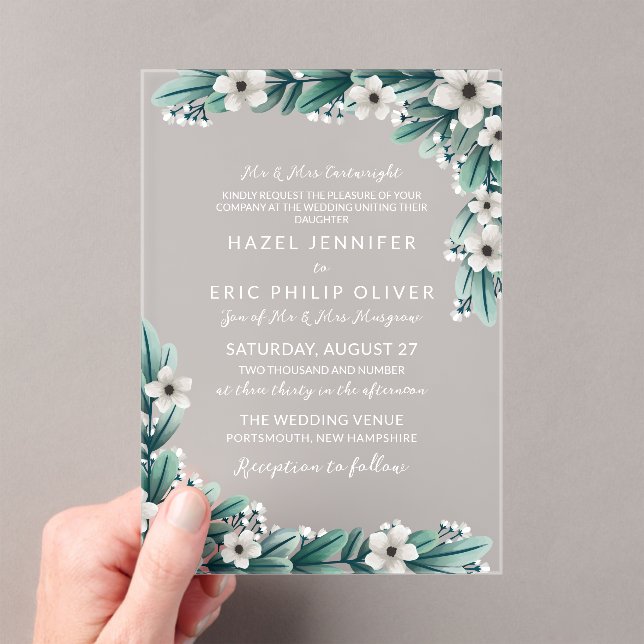 Baby's Breath Teal Greenery Traditional Wedding Acrylic Invitations (Insitu (Handheld))