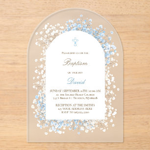 Baby's Breath white blue baby boy Baptism Acrylic Invitations