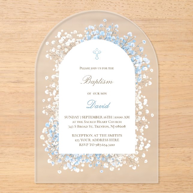 Baby's Breath white blue baby boy Baptism Acrylic Invitations (Front)