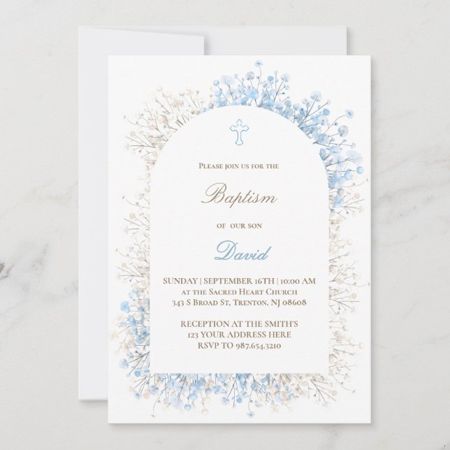Baby's Breath white blue baby boy Baptism Invitation (Front)