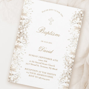 Baby's Breath white flowers   baby boy Baptism Invitation