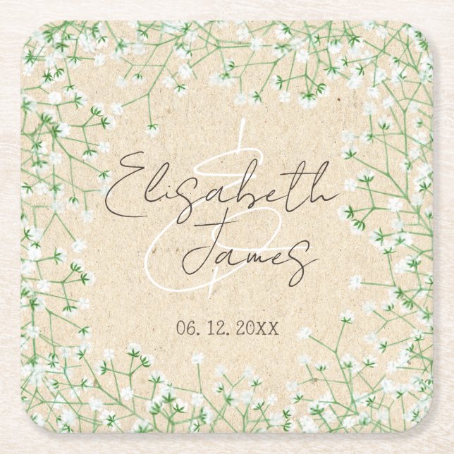    Baby's Breath White Flowers Rustic Boho Wedding Square Paper Coaster (Front)