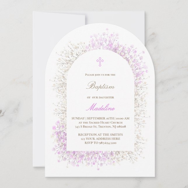 Baby's Breath white lilac baby girl Baptism Invitation (Front)