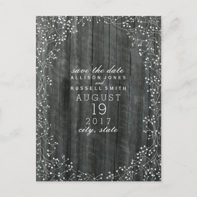 Baby's Breath Wood Inspired Save The Date Announcement Postcard (Front)