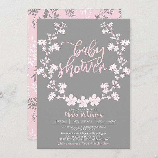 Baby's Breath Wreath Floral Baby Shower Invitation (Front/Back)