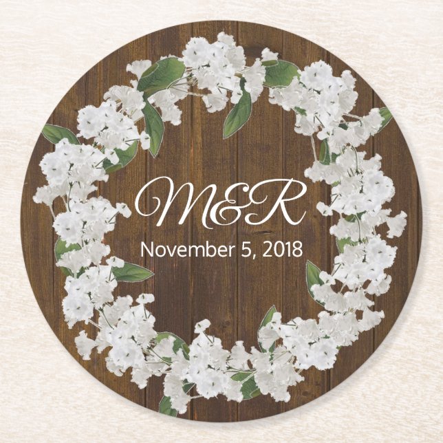 Babys Breath Wreath Rustic Wedding Paper Coasters (Front)