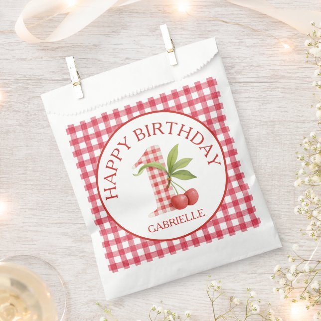 Baby's Cherry First Red Gingham Birthday  Favour Bag (Clipped)