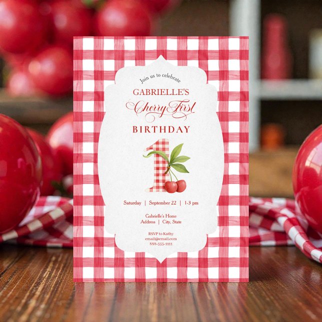 Baby's Cherry First Red Gingham Birthday Invitation (Creator Uploaded)