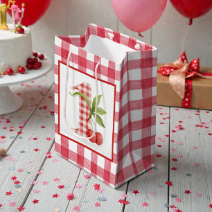 Baby's Cherry First Red Gingham Birthday Medium Gift Bag