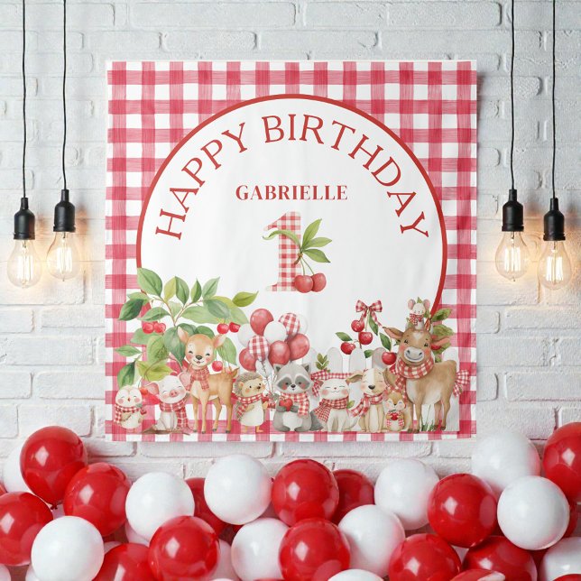 Baby's Cherry First Red Gingham Birthday  Tapestry (Creator Uploaded)