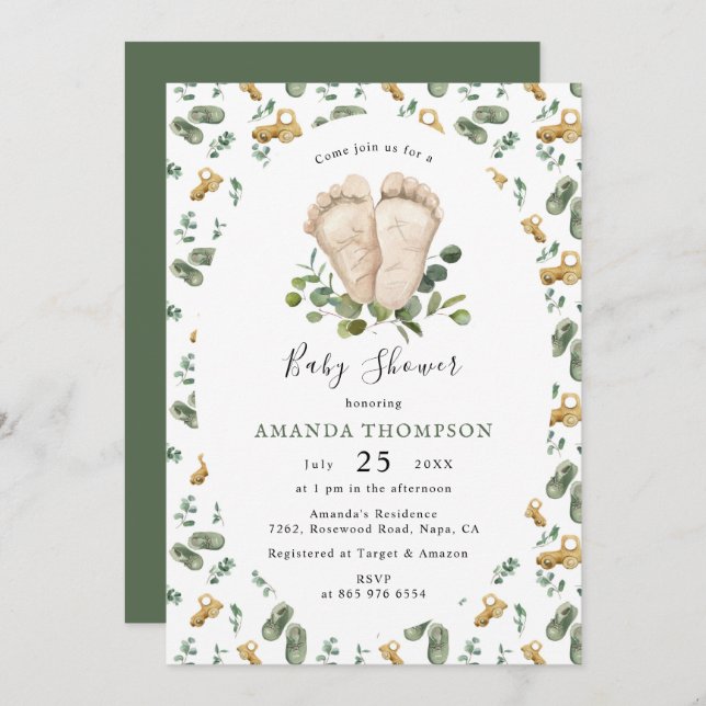 Baby's Feet Eucalyptus Greenery Script Baby Shower Invitation (Front/Back)