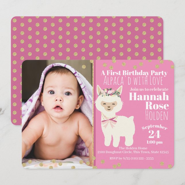 Baby's First Alpaca Birthday Party with Photo Invitation (Front/Back)
