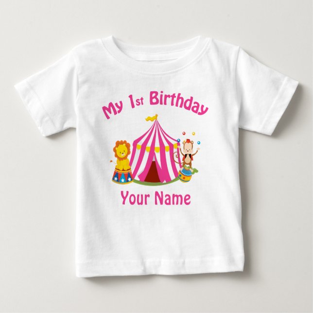 Baby's first birthday circus pink personalised baby T-Shirt (Front)