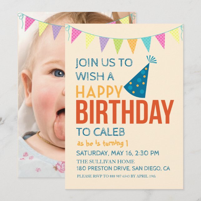 Baby's First Birthday Cute Kid's Birthday Photo Invitation (Front/Back)