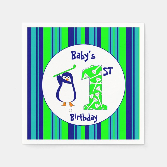 Baby's first birthday golfing penguin napkin (Front)
