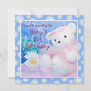 Baby's First Birthday Teddy Bear & Daisies Invitation