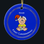 Baby's First Chrismukkah  Add Child's Name! Ceramic Ornament<br><div class="desc">This is a cute memento of a baby's first Chrismukkah. It features a baby with representations from both Jewish and Christian religions. The baby wears a Kippah and a Santa Hat, holding a dreidel and a candy cane. On the front, type in the child's name. On the back, type in...</div>