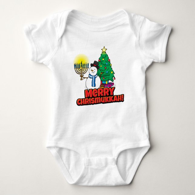 Baby's First Chrismukkah Snowman Holding Menorah Baby Bodysuit (Front)