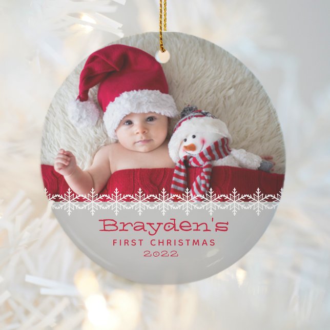 Baby's First Christmas 2023 Photo Red Grey Ceramic Ornament (Creator Uploaded)
