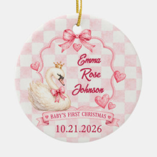 Baby's First Christmas 2026 Pink Bow Swan Name Ceramic Ornament