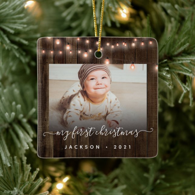 Baby's First Christmas 2 Photo Wood and Lights  Ceramic Ornament (Tree)