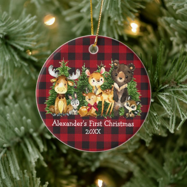 Baby's First Christmas Animals Deer Bow Plaid  Ceramic Ornament (Tree)