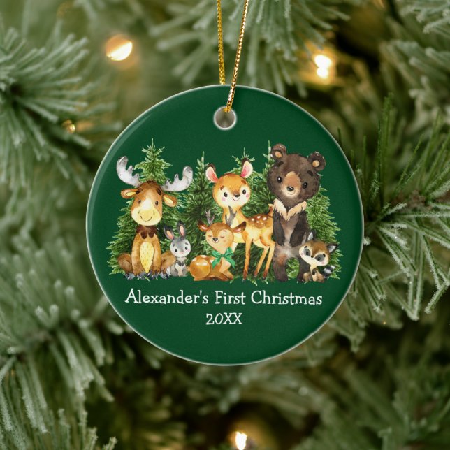 Baby's First Christmas Animals Deer Green Bow Ceramic Ornament (Tree)