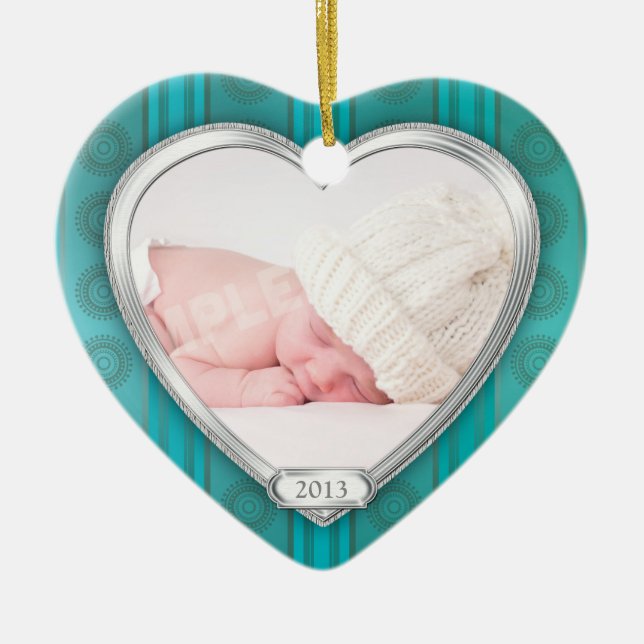 Babys First Christmas Aqua Silver Photo Xmas Ceramic Tree Decoration (Front)