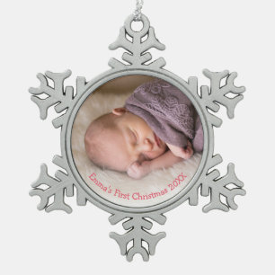 Baby's First Christmas Baby Girl Photo Snowflake Pewter Christmas Ornament