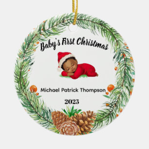 Babys First Christmas Baby Photo Pine Wreath Ceramic Ornament