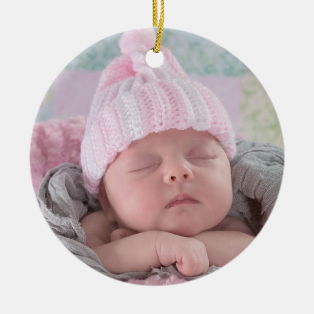 Baby's First Christmas Baby Photo Pink Christmas Ceramic Ornament (Front)
