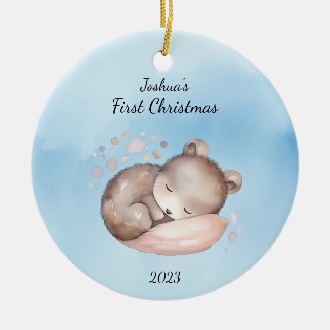 Baby's First Christmas Bear Blue Personalised Ceramic Ornament (Front)