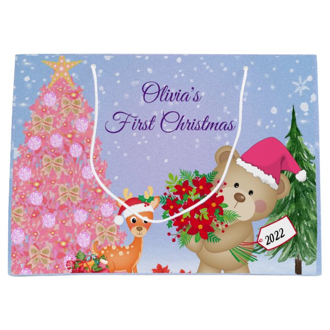 Baby's First Christmas Bear Personalised    Large Gift Bag (Front)