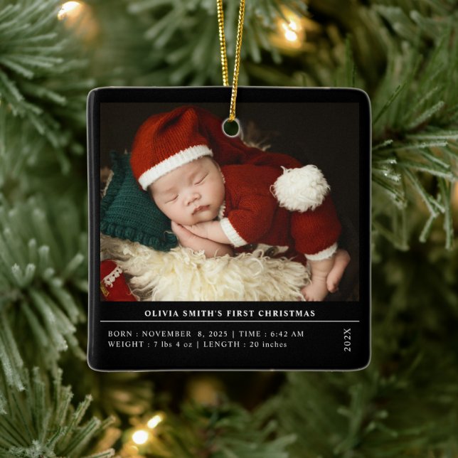 Babys First Christmas  Birth Stats Announcement Ceramic Ornament (Tree)