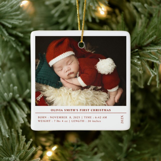 Babys First Christmas  Birth Stats Announcement Ceramic Ornament (Tree)