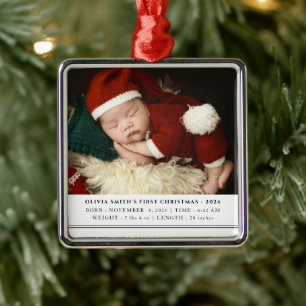 Babys First Christmas Birth Stats Announcement Metal Ornament