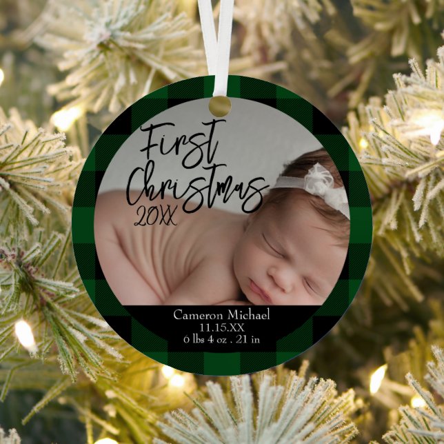 Baby's First Christmas Birth Stats Green Plaid Metal Tree Decoration (Insitu)