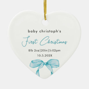 Baby's First Christmas Birth Stats Photo Bow Ceramic Ornament