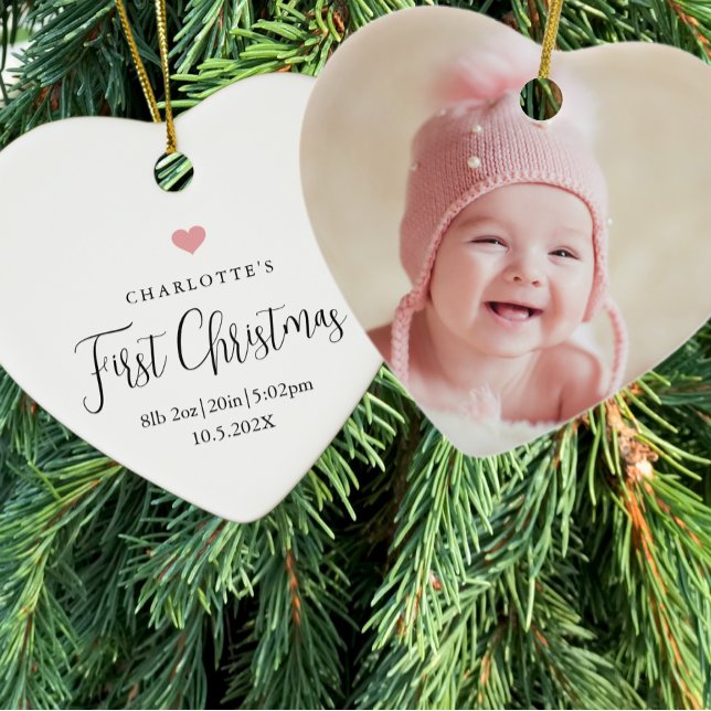 Baby's First Christmas Birth Stats Photo Heart  Ceramic Ornament (Creator Uploaded)