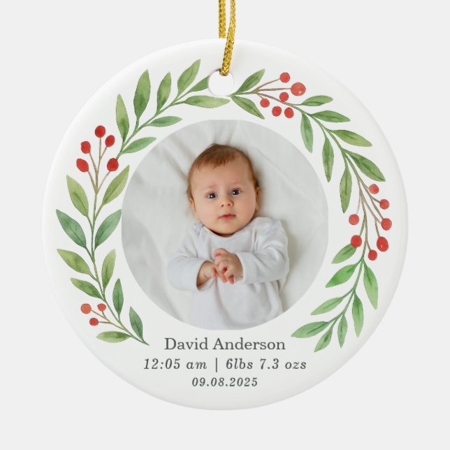 Baby's First Christmas Birth Stats Photo Keepsake  Ceramic Ornament (Front)