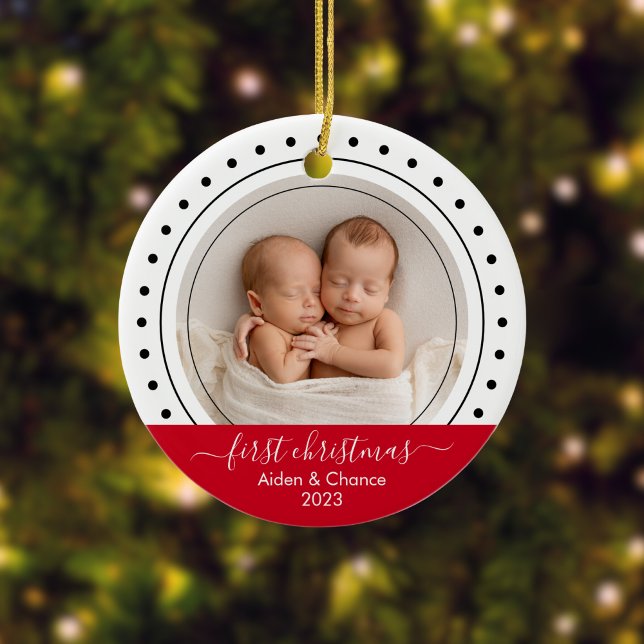 Baby's First Christmas Black, White and Red Dots Ceramic Ornament (Custom Twins Ornament)