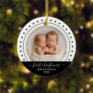 Baby's First Christmas Black, White Dots Ceramic Ornament