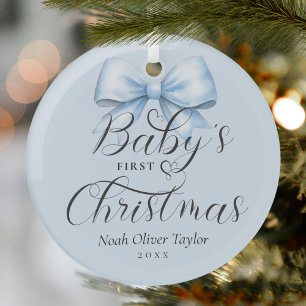 Baby's First Christmas Blue Bow Keepsake Glass Tree Decoration