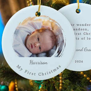 Baby's First Christmas Blue Elegant Photo Keepsake Ceramic Ornament