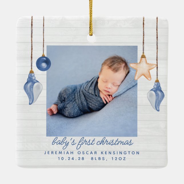 Baby's First Christmas Blue Seashell Holiday Photo Ceramic Ornament (Back)