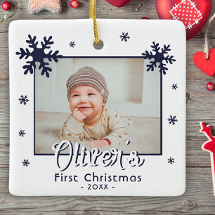 Baby's First Christmas Blue Snowflakes Photo Ceramic Ornament