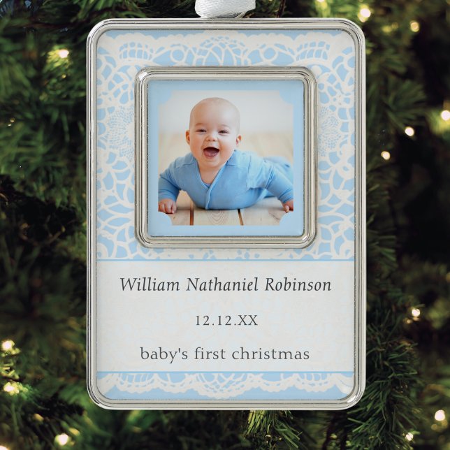 Baby's First Christmas Blue White Lace Photo Silver Plated Framed Ornament (An ornament for Baby's First Christmas, with custom photo and text, in blue with white lace effect)