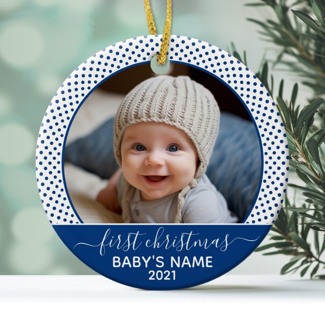 Babys First Christmas - Blue White Polka Dots Ceramic Ornament (Personalized Photo Ornament - Baby's First Christmas)