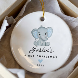 Baby's First Christmas Boy Elephant 2 Sided Photo Ceramic Ornament