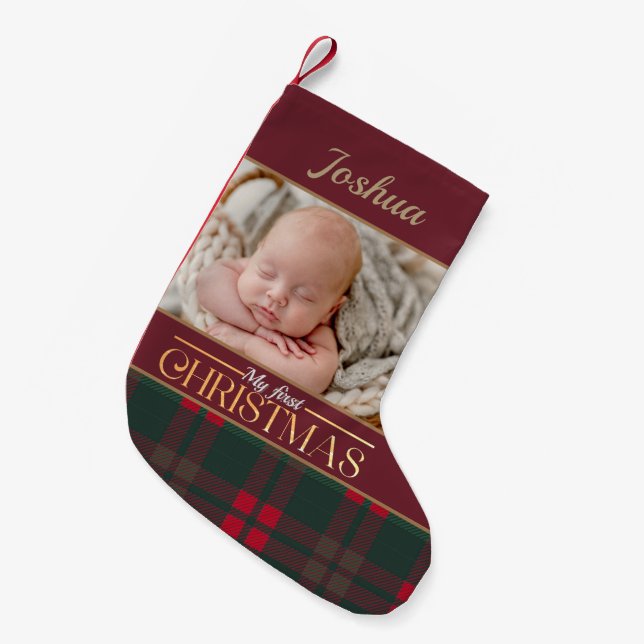 Baby's First Christmas Buffalo Plaid Pattern Photo Small Christmas Stocking (Front (Hanging))